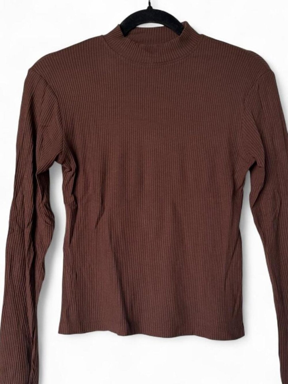 Brown Ribbed Long Sleeve Mock Neck